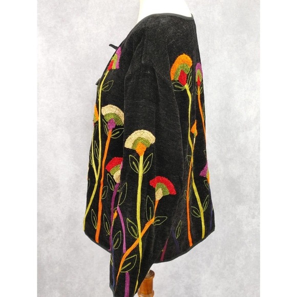 Vintage Black Chenille Sweater Cardigan Lined Embroidered Flowers, M, India Made - Picture 2 of 6